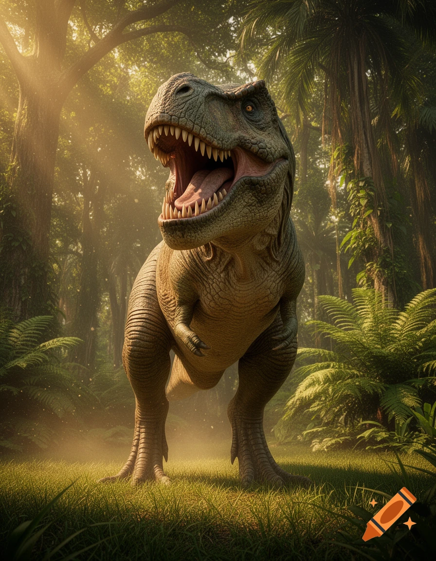 Photorealistic Tyrannosaurus Rex roaring in a lush, sunlit jungle.