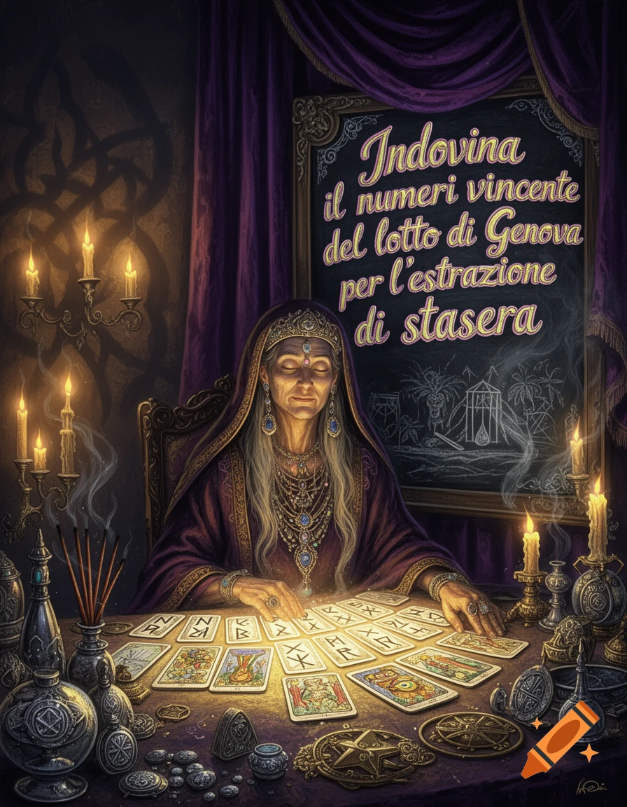 An old fortune teller in a mystical, candlelit room reads glowing tarot cards and runes on a table. Fantasy illustration.
