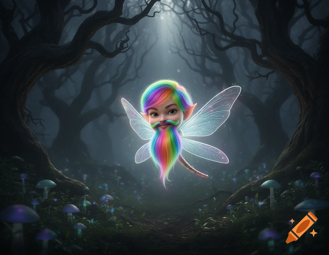 A cartoon magical sprite with rainbow hair and a goatee floats in a dark, mystical forest with glowing mushrooms.