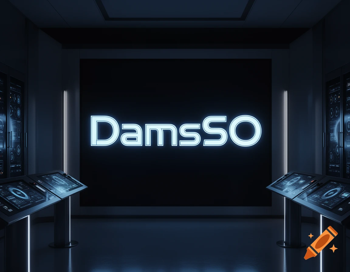 A dark, futuristic control room with glowing blue screens, displaying 'DamsSO' on a large central monitor.
