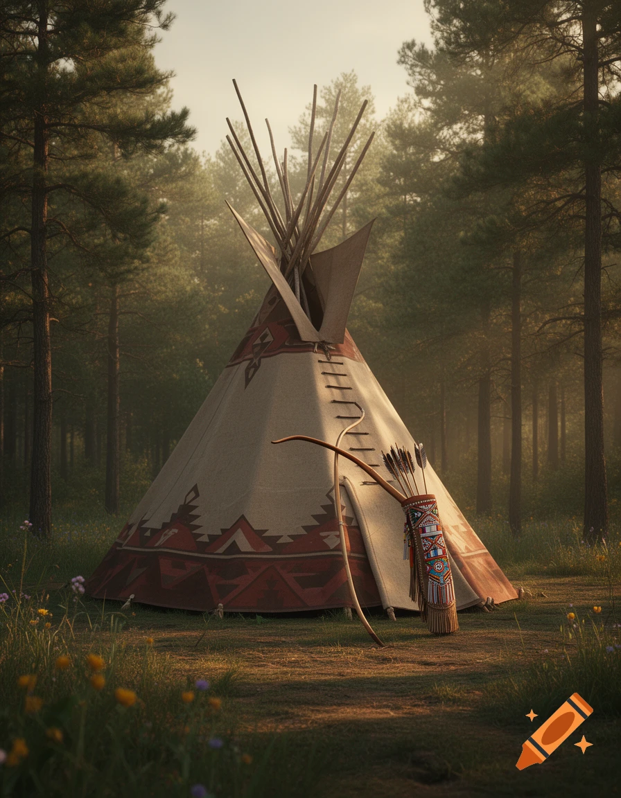 A photorealistic image of a teepee with a bow and quiver leaning against it, set in a misty pine forest.