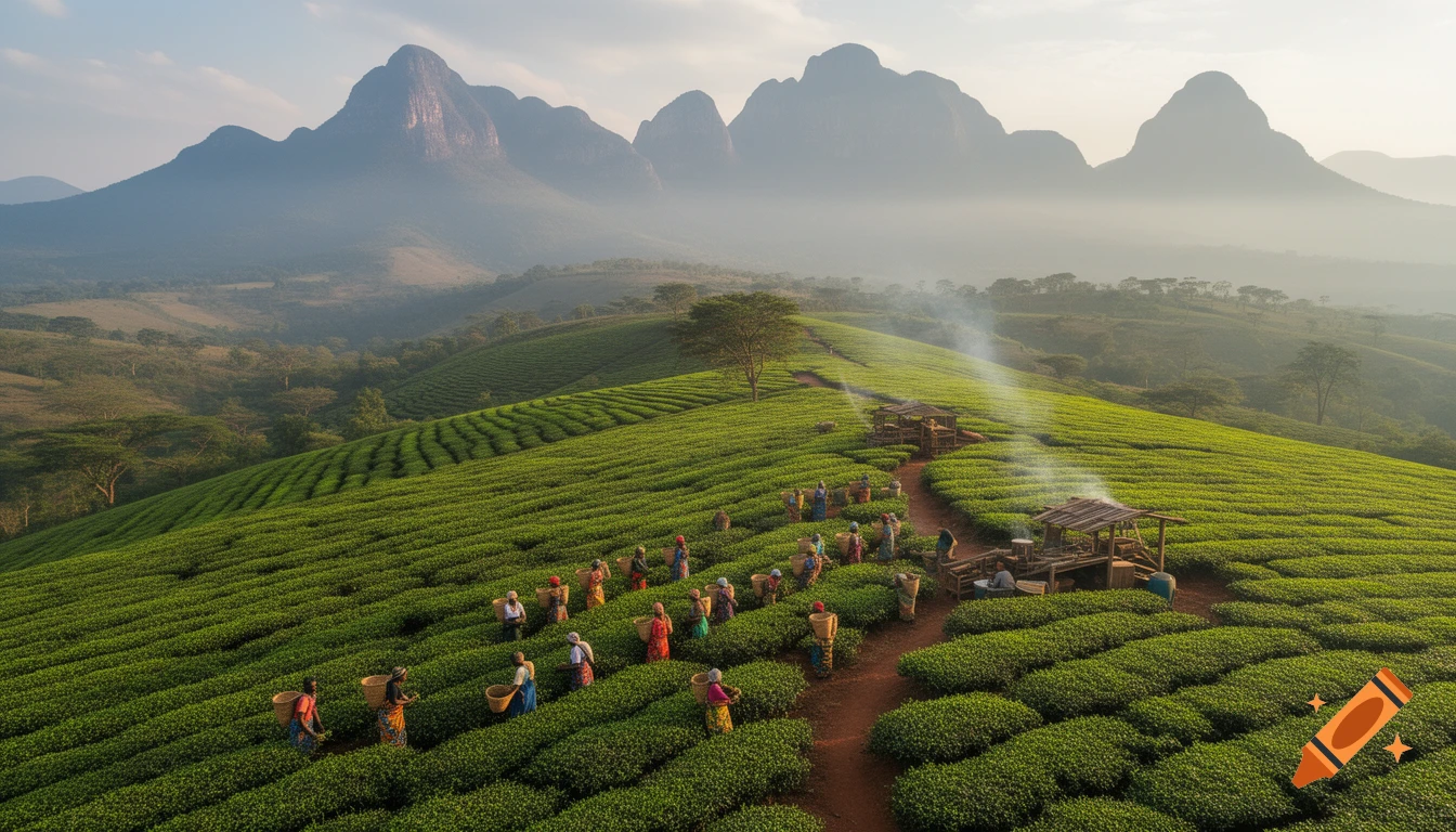 An aerial view of workers picking tea leaves on lush green plantations with towering mountains in the misty background under a clear sky.