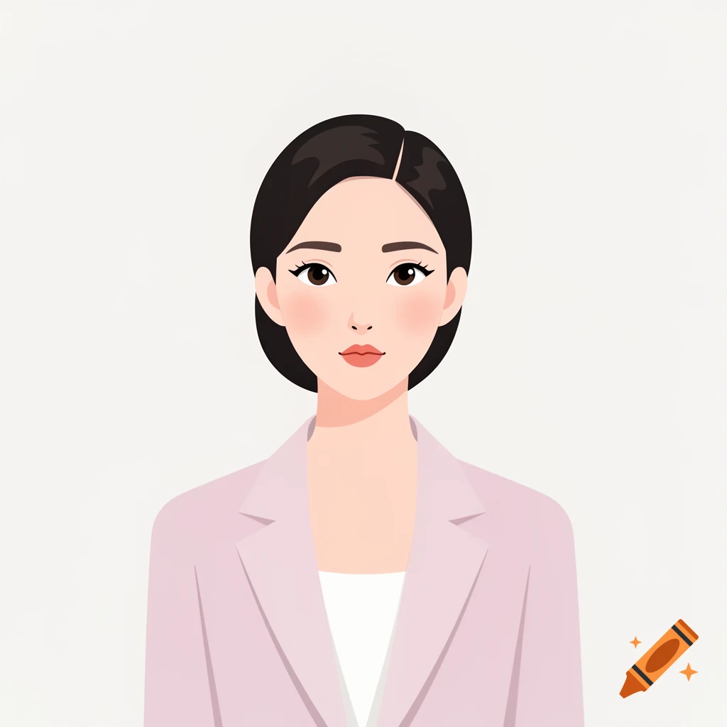 Cartoon portrait of a woman with short dark hair, wearing a light pink blazer and a white top.
