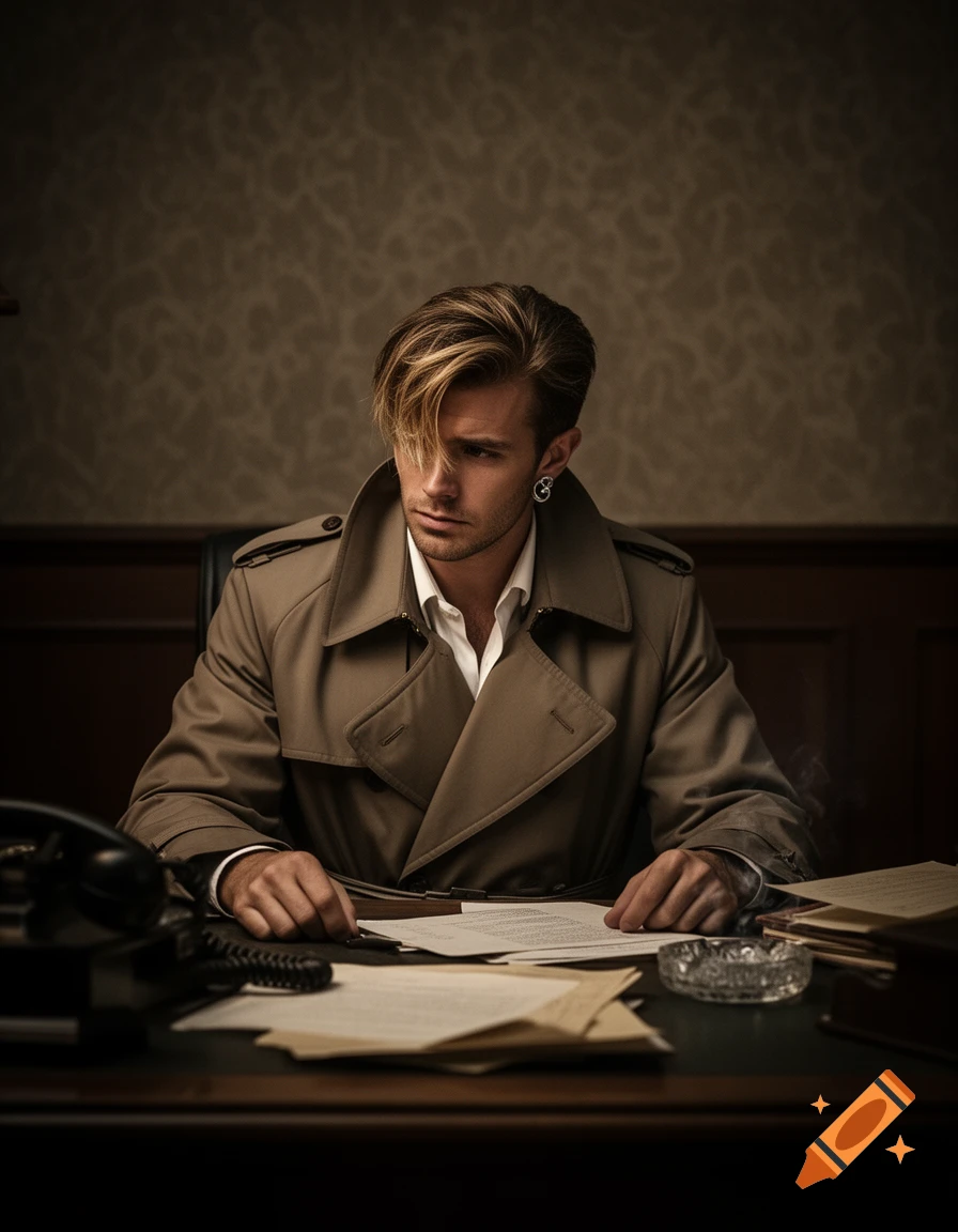 A stylish man in a trench coat with blond, messy hair sits at a desk covered in papers, looking intently to the side in a dimly lit room.
