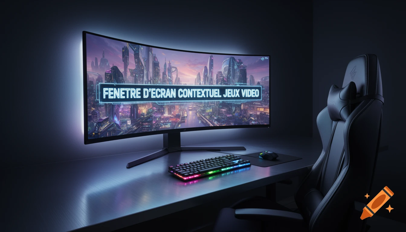 A dark room with a curved gaming monitor displaying a futuristic city, a colorful RGB keyboard, and a black gaming chair. Photorealistic style.