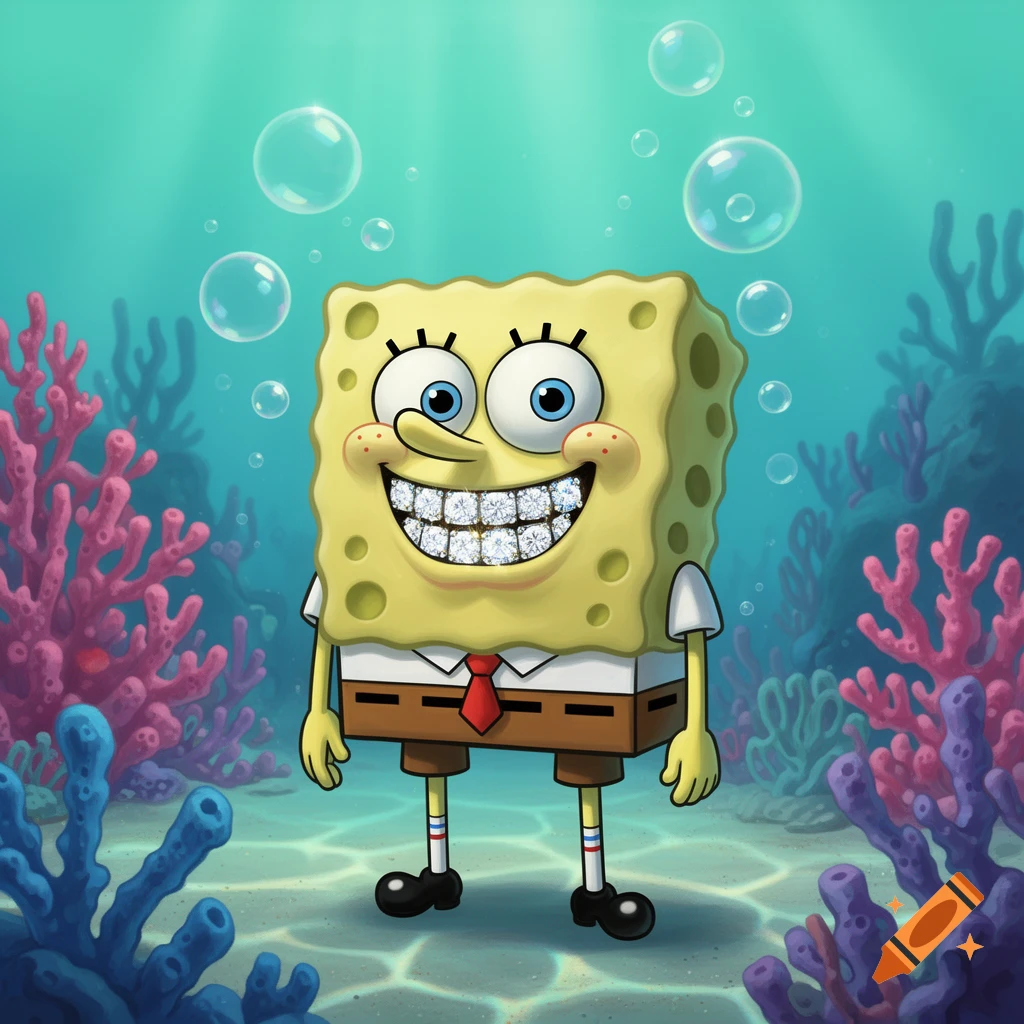 Spongebob Squarepants smiling with diamond grillz in a vibrant underwater scene with coral and bubbles.