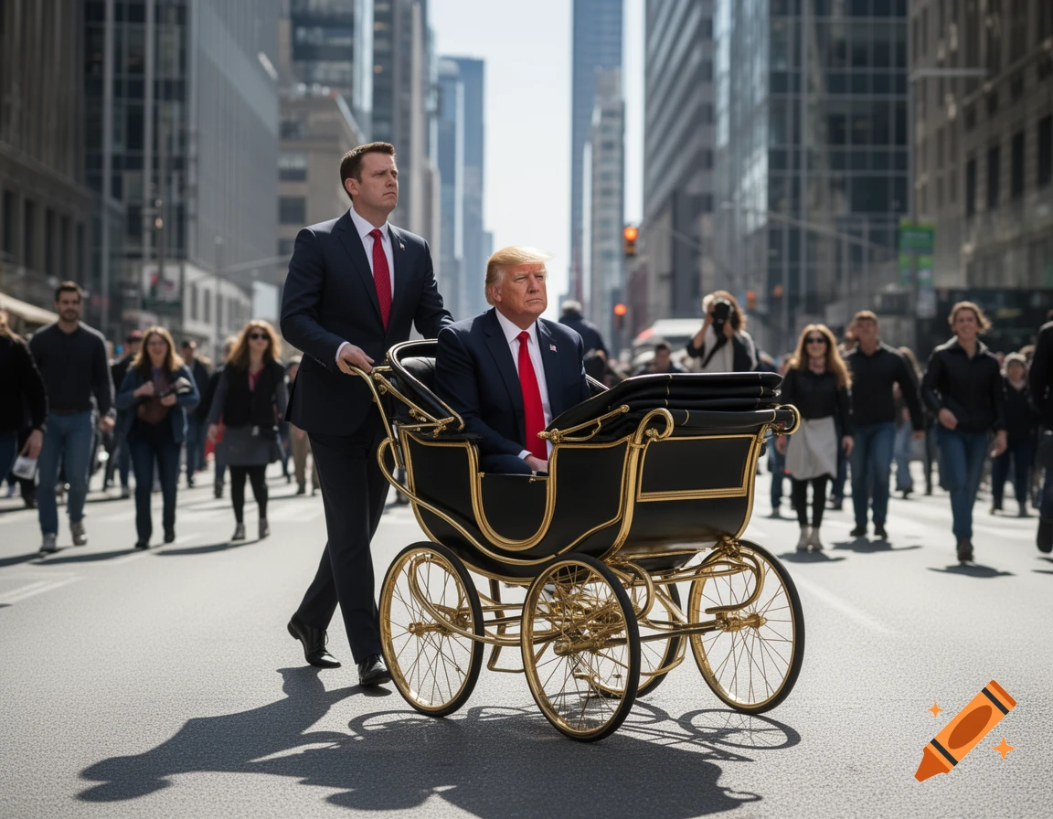 A man in a suit pushes Donald Trump in a luxurious black and gold stroller down a busy city street.