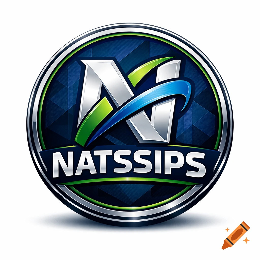 A shiny metallic logo badge for NATSSIPS, featuring a stylized 'N' with green and blue swooshes, on a dark blue textured background with a chrome border.