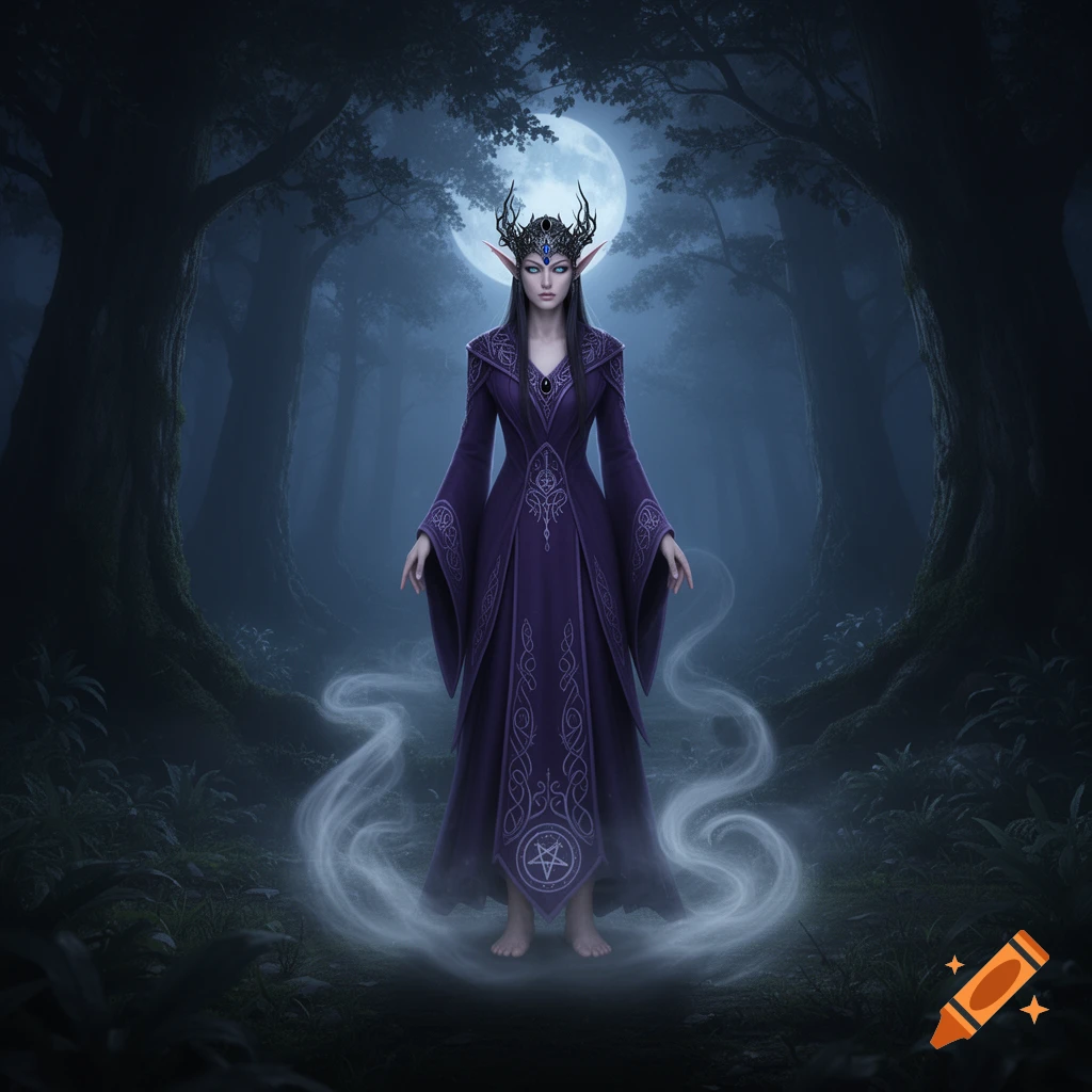 A dark elf necromancer with a crown and purple robe stands in a misty, moonlit forest, surrounded by swirling smoke.