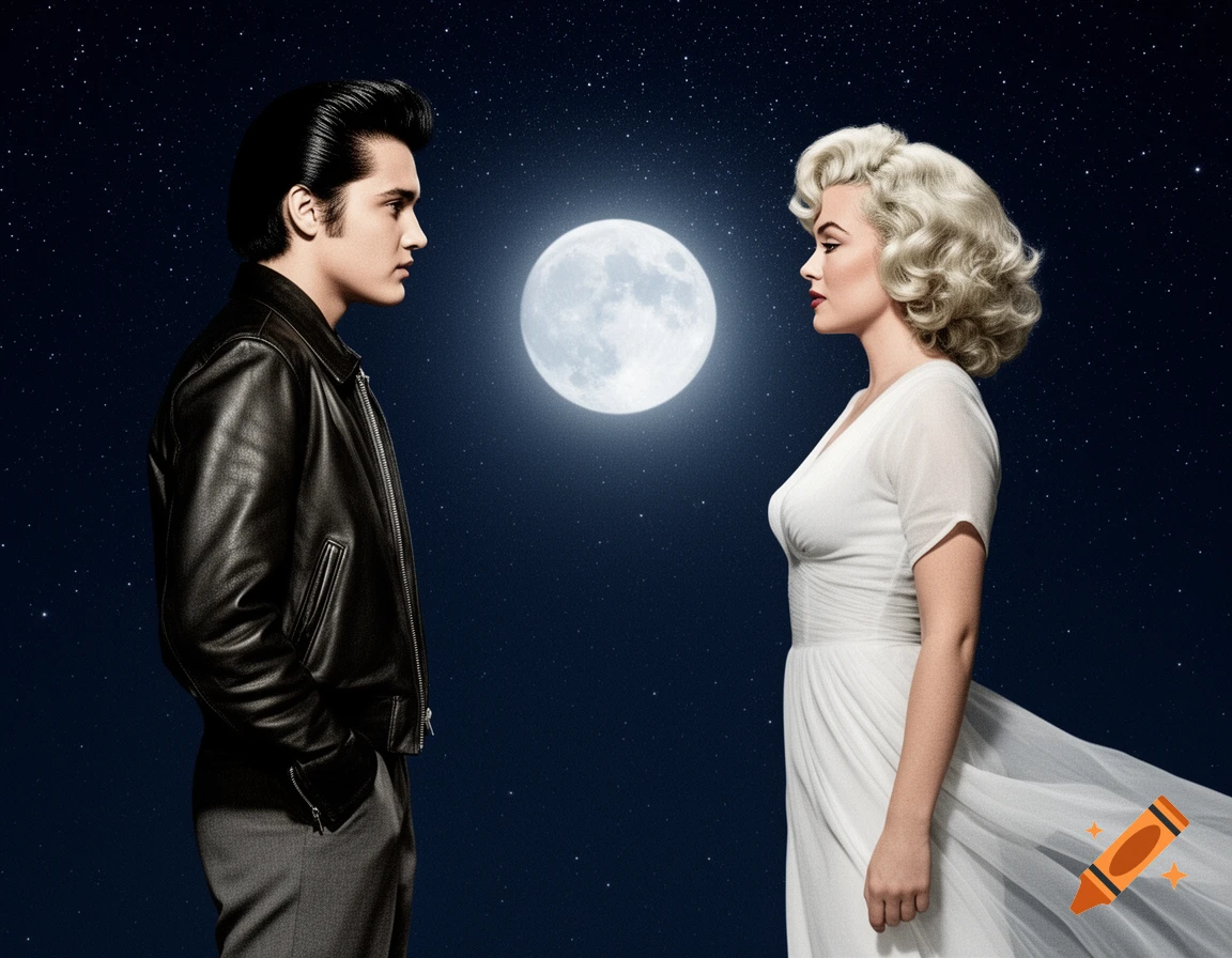 A photorealistic image of young Elvis Presley and Marilyn Monroe in a white dress, facing each other under a bright full moon and starry night sky.