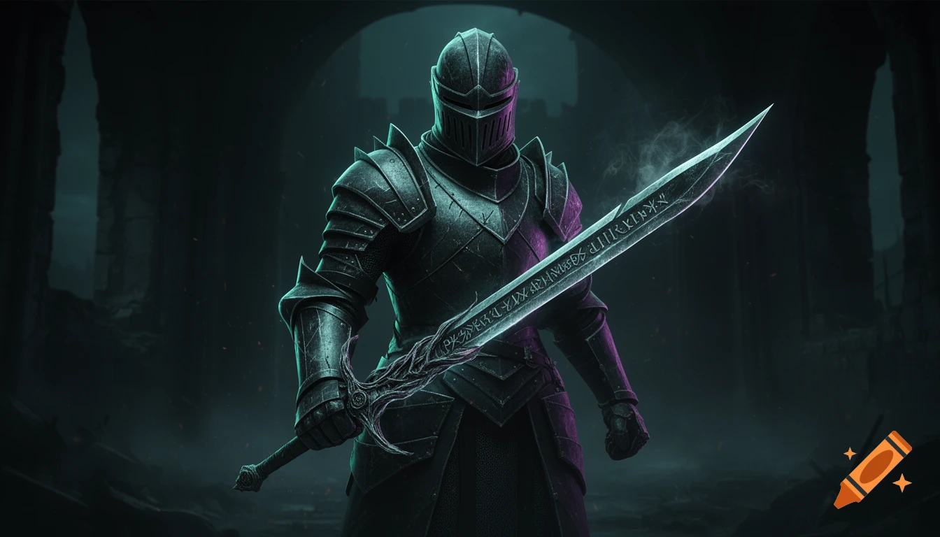 A stoic knight in heavily detailed dark armor stands in a grim pose, holding an eerie sword with glowing edges and runic engravings, in a dark, ruined corridor.