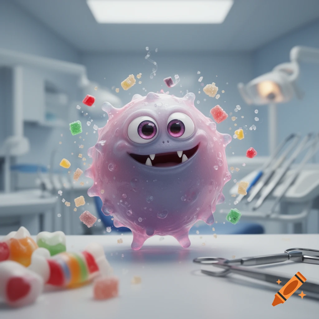 A cute, smiling pink cartoon microbe with fangs and big eyes floats amidst colorful candies in a dental office.