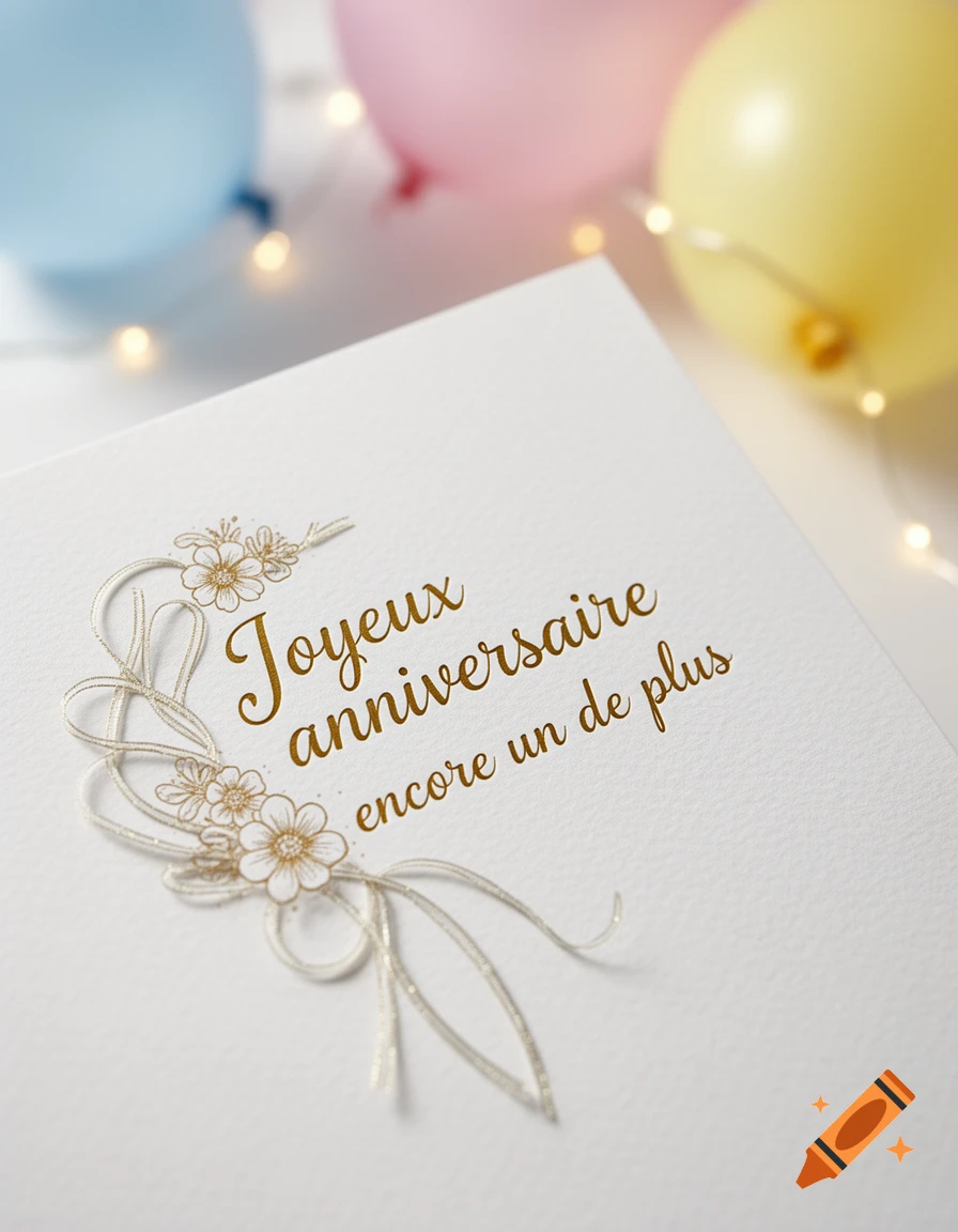 Close-up of a white birthday card with 'Joyeux anniversaire encore un de plus' in gold script, surrounded by blurred pastel balloons and fairy lights.