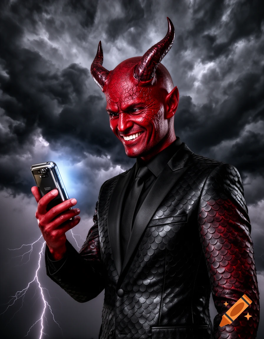 A smiling red-skinned devil with horns in a black scaled suit looks at a smartphone against a stormy sky with lightning.