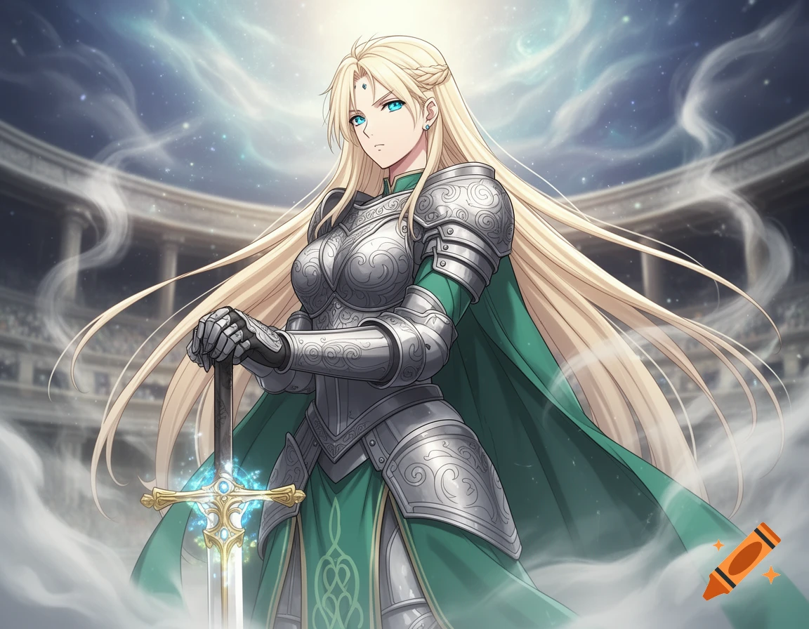 A blond female warrior in ornate silver armor and a green cape holds a ...