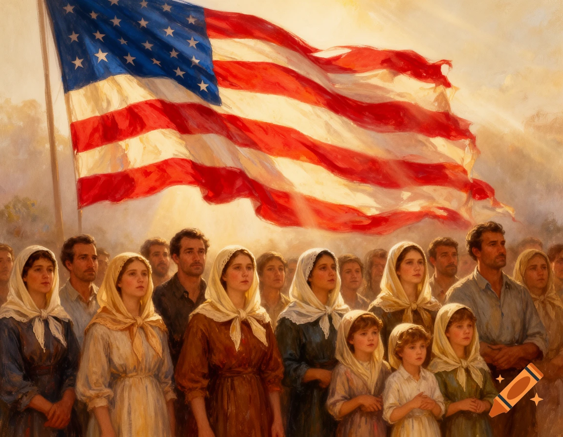 A vintage painting depicts a crowd of men, women, and children with head coverings gathered under a large American flag.