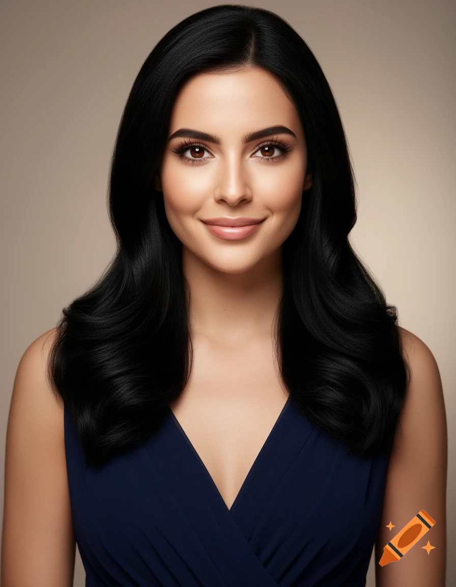 Photorealistic portrait of a smiling woman with black wavy hair, brown eyes, wearing a navy blue dress against a beige background.