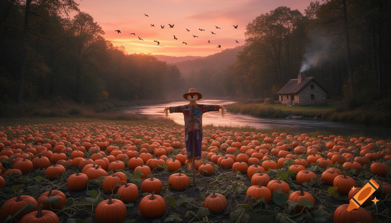 Photorealistic autumn landscape with a scarecrow in a pumpkin patch by a river and cottage, under a sunset sky with flying birds.