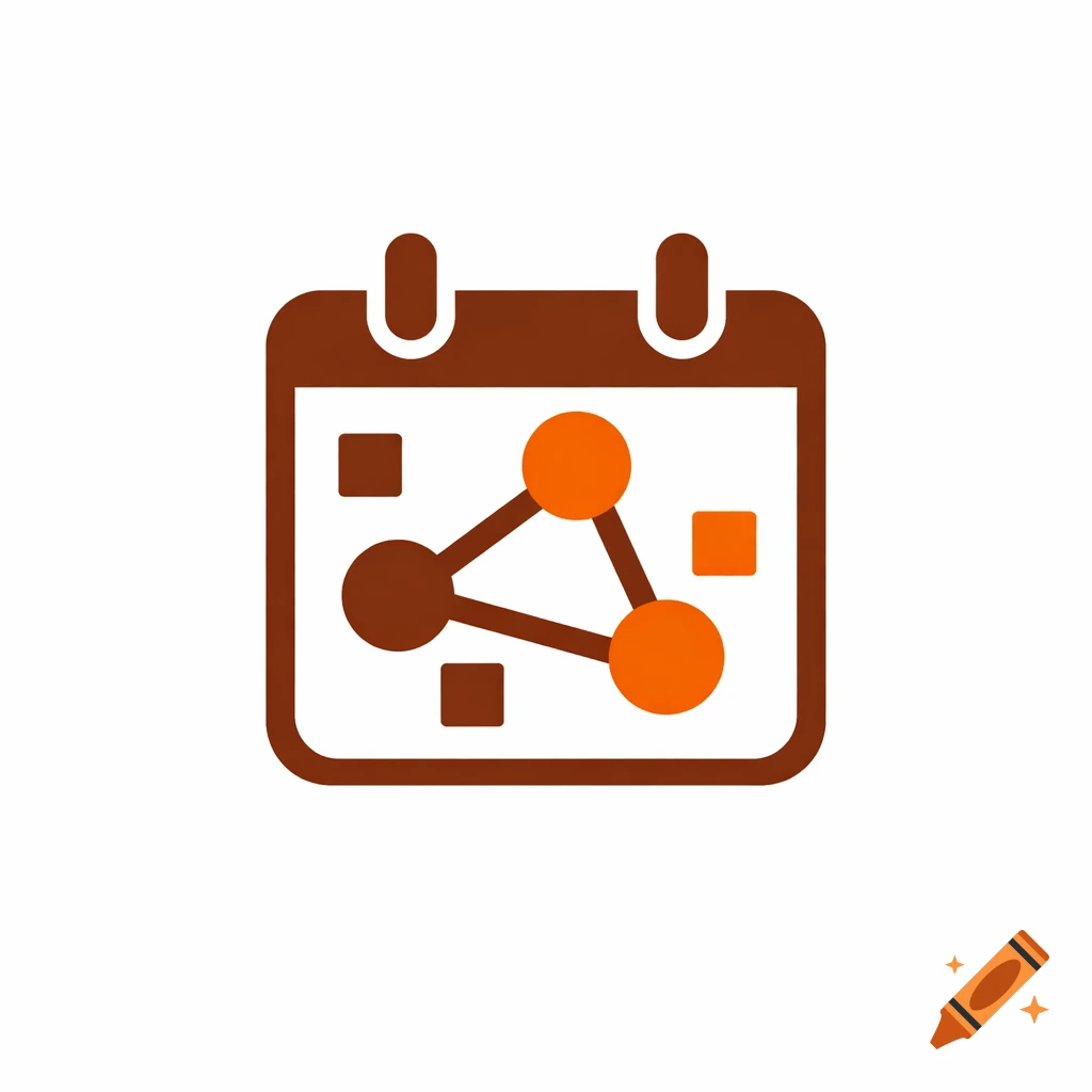 A simple modern flat design icon featuring a brown calendar with an orange and brown network graph inside, on a white background.