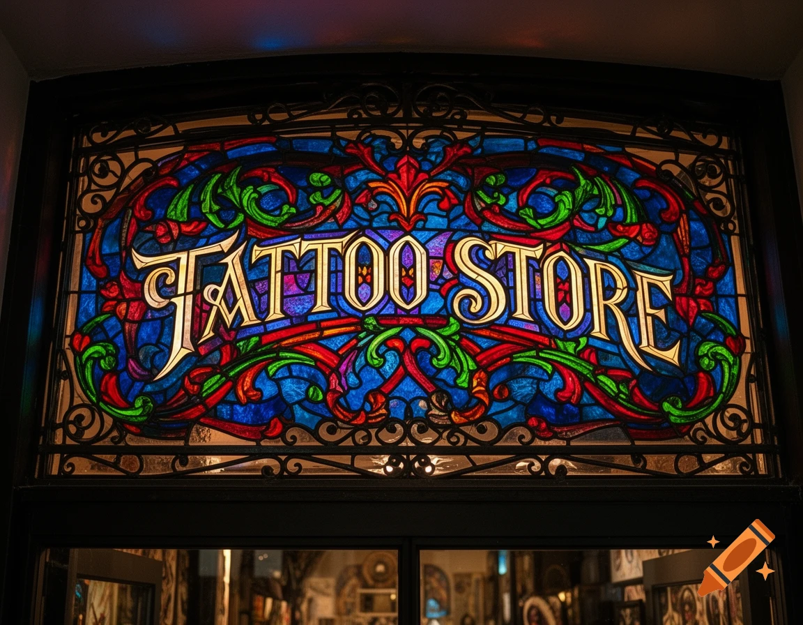 Vibrant stained glass sign displaying 'TATTOO STORE' above a doorway.