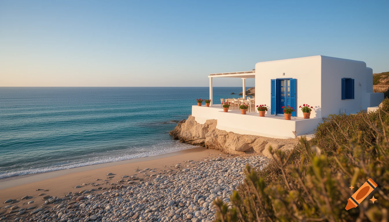 A white Greek-style villa with blue shutters sits on a rocky cliff overlooking a pebble beach and the turquoise sea under a clear sky.