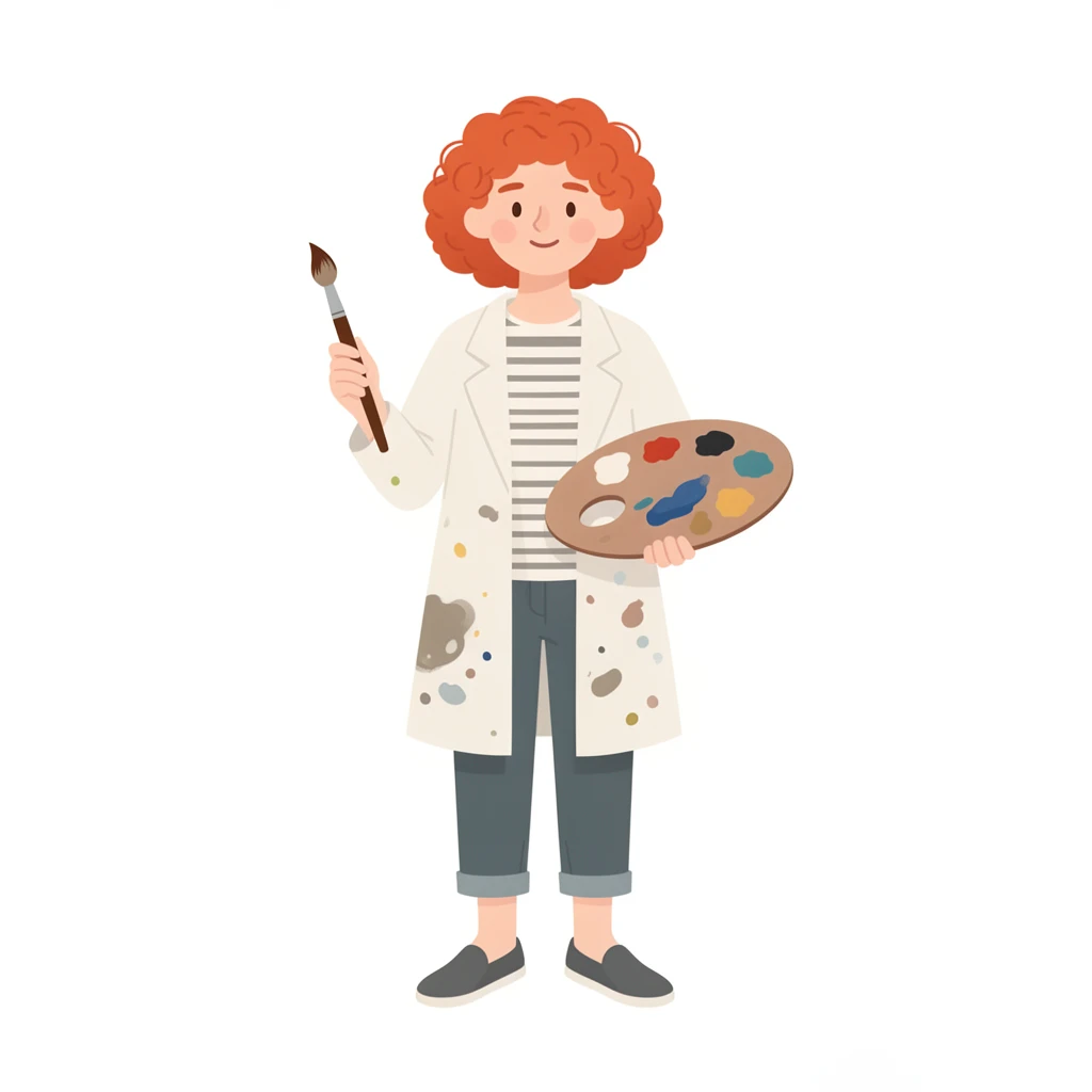 contemporary 2D stock illustration, clean simplified natural forms, flat color areas with gentle soft gradient shading, rounded believable proportions, restrained detail, no outer outlines, no texture or grain, non-photorealistic. An artist standing with a paint palette and brush, full body, centered on a pure white background. Palette-disciplined colors: one dominant clothing color, one or two harmonizing secondary colors, neutrals where appropriate, and one small accent. Pale skin, curly red hair, loose smock over striped shirt, cropped pants, slip-on shoes, paint-speck shape kept minimal. Friendly visible face: two clearly drawn eyes, a simple small nose, and a soft mouth — face features must always be drawn, never omitted, never blank. Clear readable silhouette with comfortable padding, no cast shadow, no floor shadow, no extra scenery.