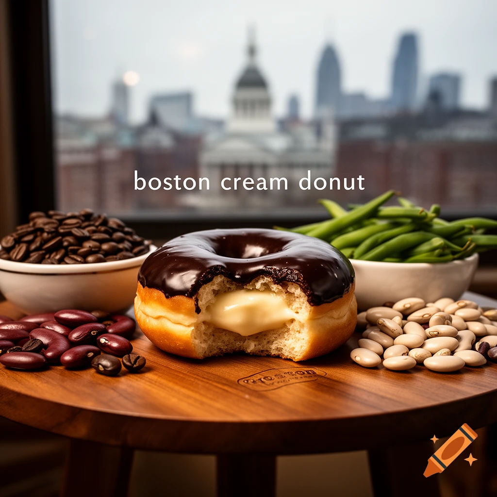 A Boston cream donut with a bite taken out, surrounded by coffee beans, kidney beans, and green beans, with a city skyline in the blurry background. Text reads "boston cream donut".