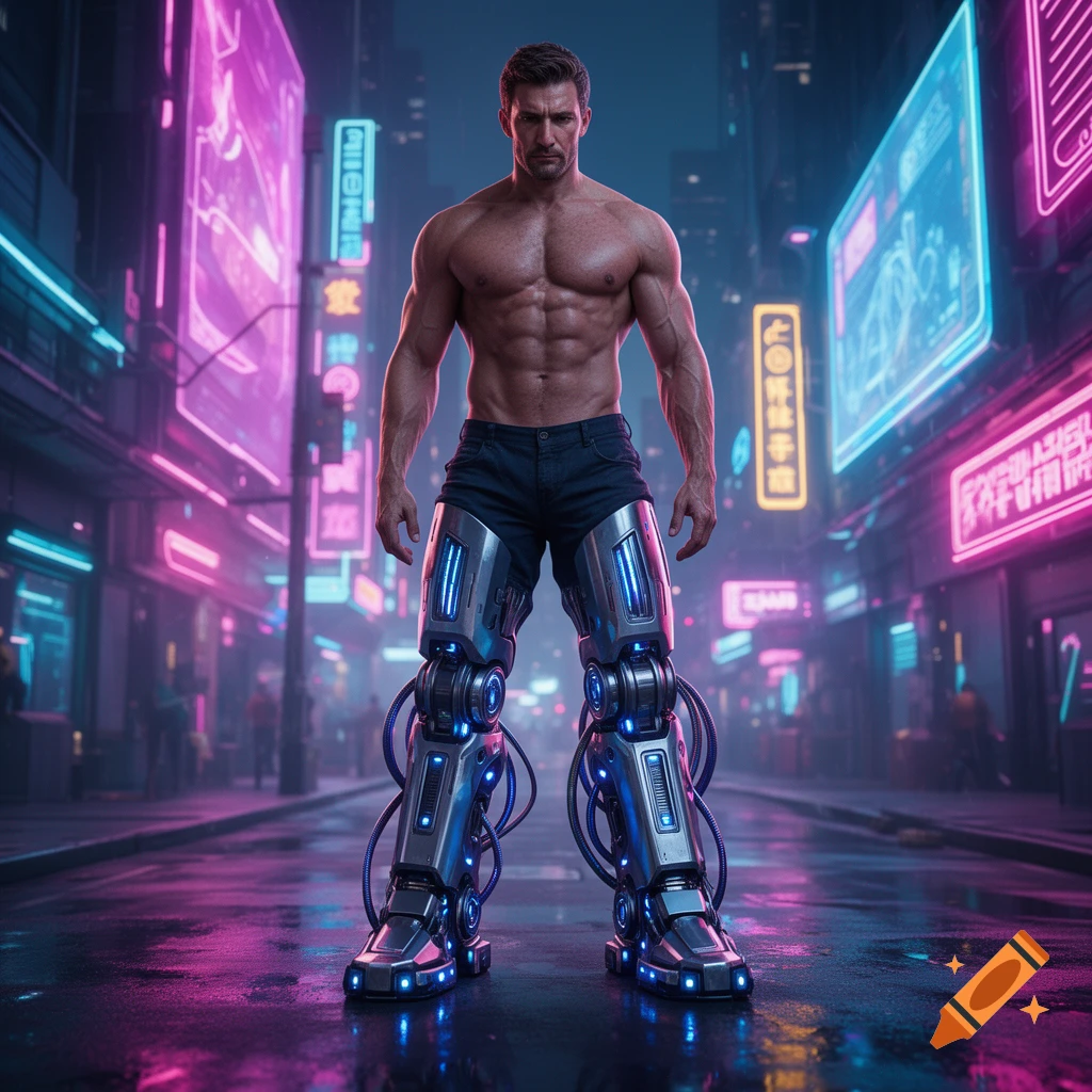 A muscular man with cybernetic legs stands on a wet street in a neon-lit cyberpunk city.