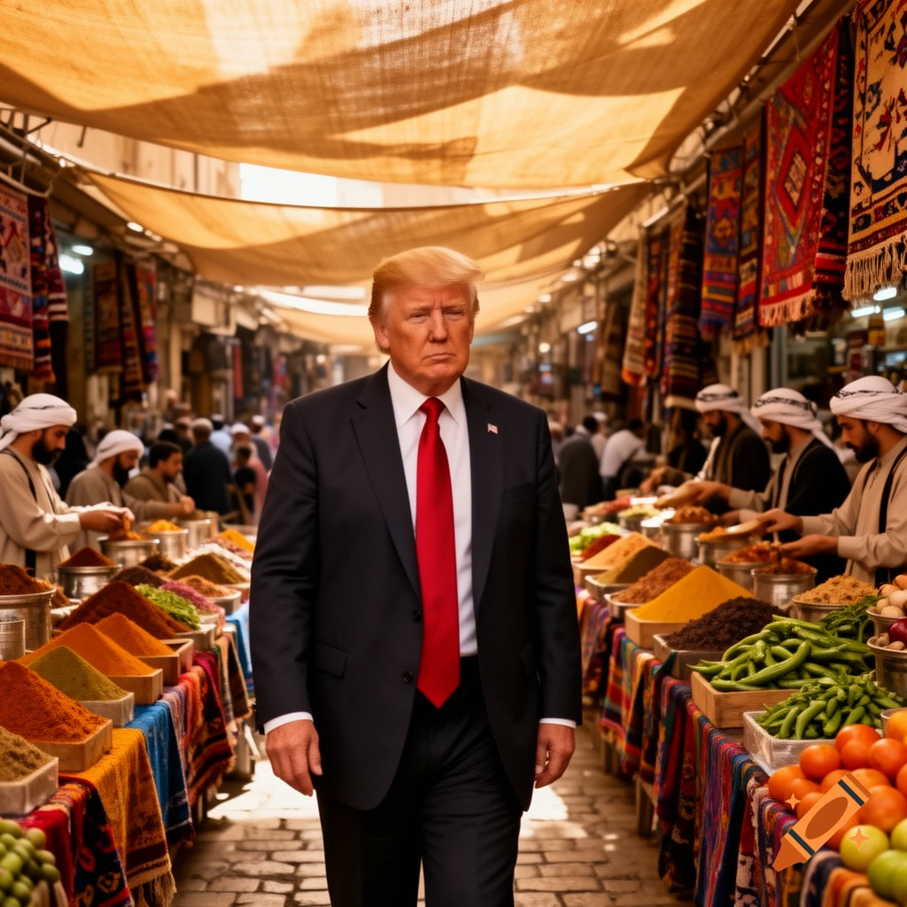 Donald Trump in a suit and red tie walks through a bustling, colorful marketplace filled with spices, fruits, and people.