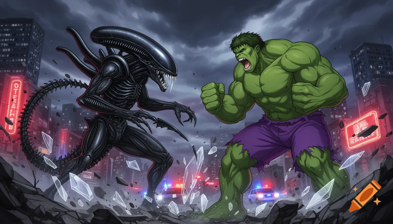Comic style illustration of a green Hulk battling a black Xenomorph alien in a ruined city with neon signs and debris.