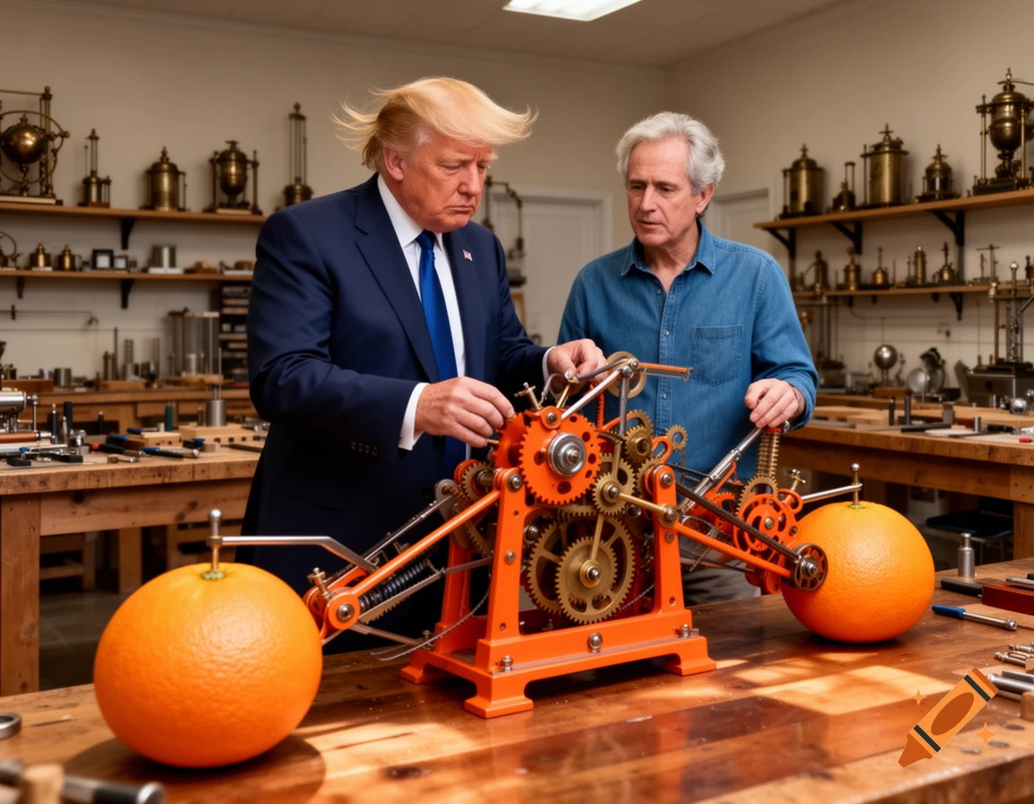 Donald Trump and another man operate a complex orange-themed gear contraption, with large oranges, in a detailed workshop filled with antique instruments.
