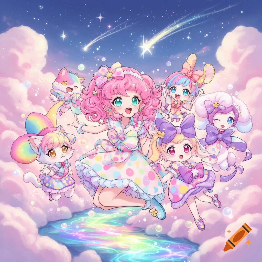 A group of colorful, pastel anime characters and cat-like creatures float among pink clouds, stars, and a rainbow river in a dreamy sky.