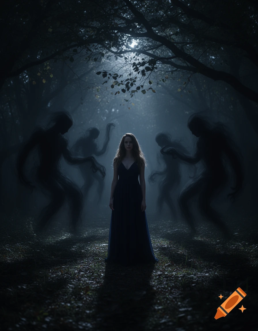 A woman in a dark dress stands in a misty forest, surrounded by shadowy, ghostly figures under a moonlit canopy.
