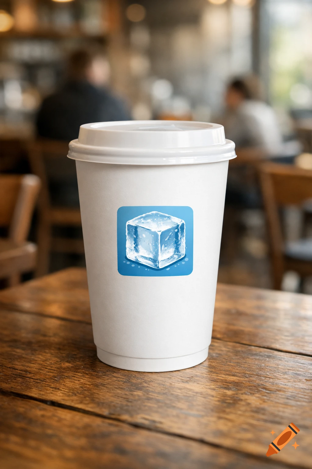 A photorealistic white takeaway coffee cup with an ice cube logo on a wooden cafe table, blurred background.