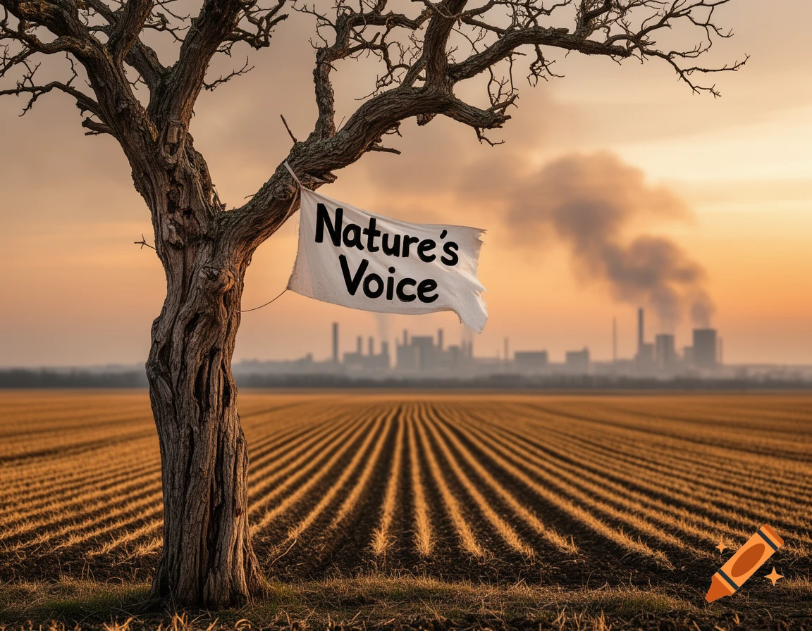 A weathered tree with a "Nature's Voice" banner stands in a field, with a smoky industrial cityscape under a sunset sky.
