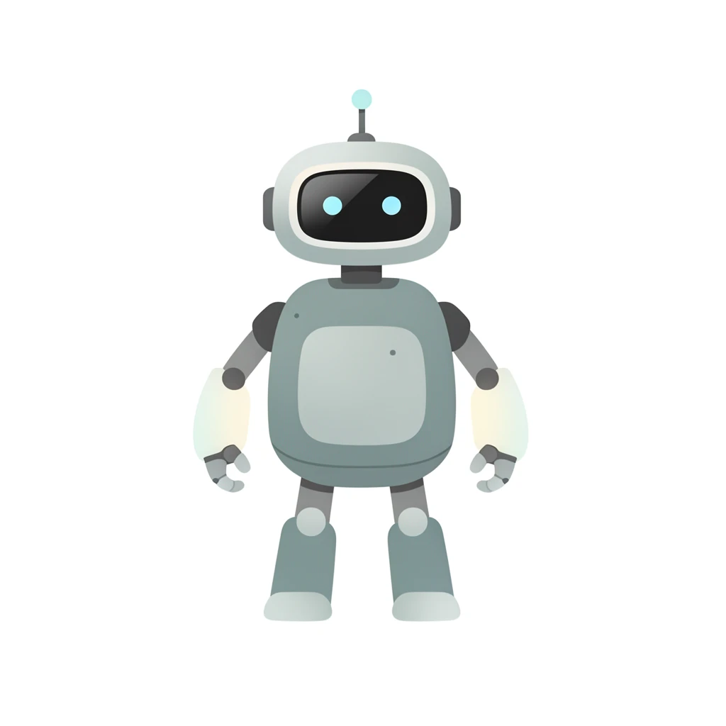 contemporary 2D stock illustration, clean simplified natural forms, flat color areas with gentle soft gradient shading, rounded believable proportions, restrained detail, no outer outlines, no texture or grain, non-photorealistic. A friendly helper robot standing upright, full body, centered on a pure white background. Rounded body, simple face screen, small antenna, and clear arm shapes. Palette-disciplined colors with one dominant body color, neutral joints, and one accent light color. Clear readable silhouette with comfortable padding, no cast shadow, no floor shadow, no extra scenery, no text.