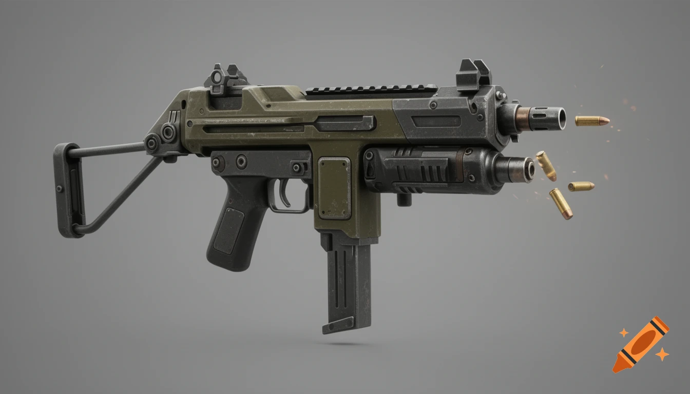 A photorealistic, futuristic olive-drab and dark gray submachine gun with a side-folding stock, ejecting brass shell casings.