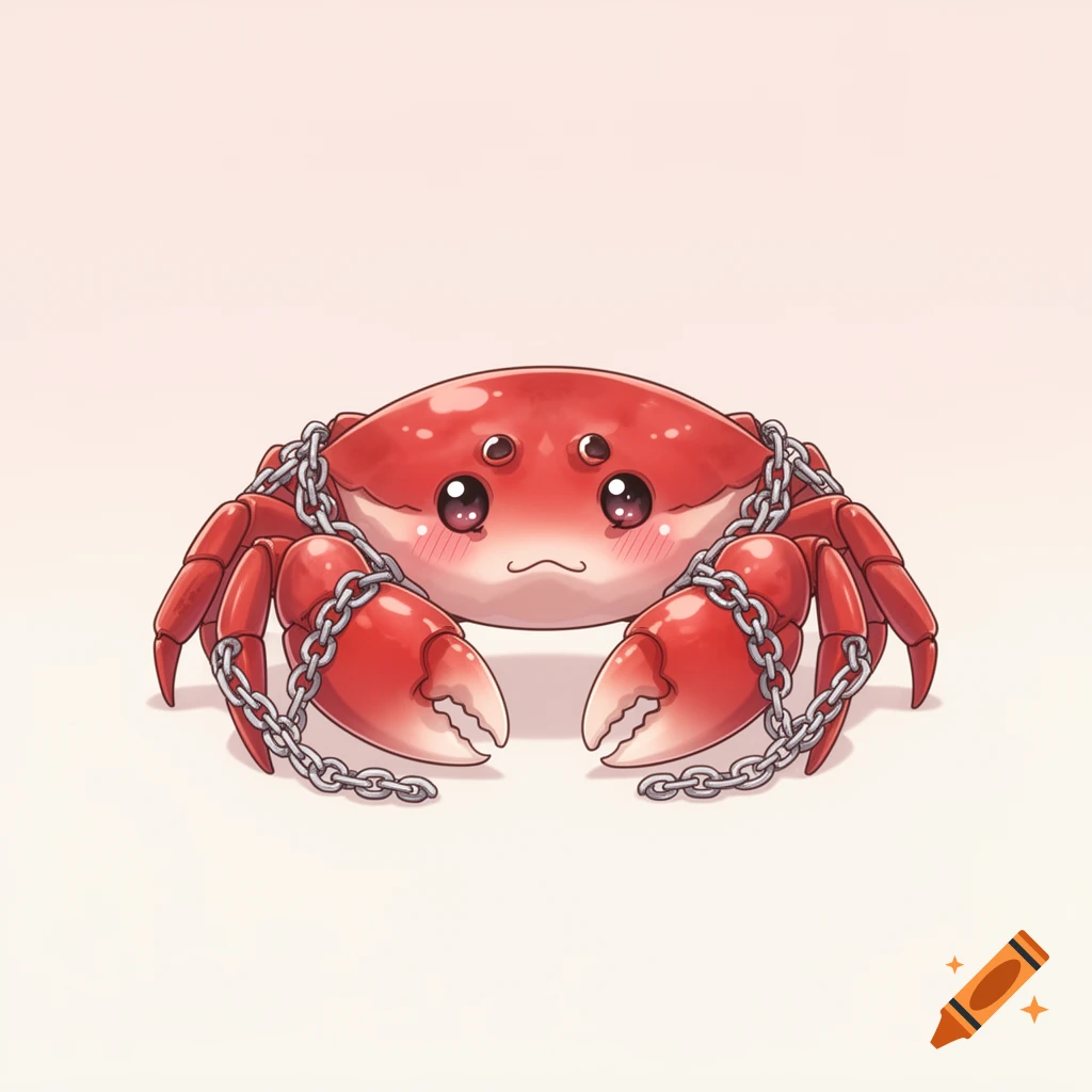 A cute red anime-style crab with chains loosely wrapped around its body, blushing with a shy expression, on a pastel background.