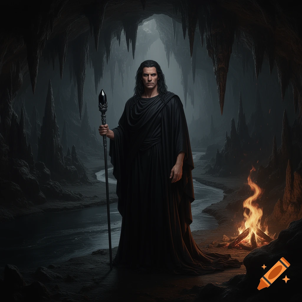 A dark-haired man in flowing black robes holds a staff, standing in a gloomy cave with a river and a small fire.