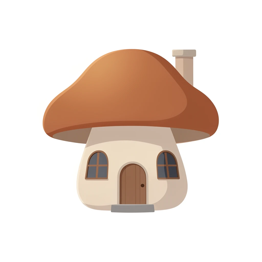 contemporary 2D stock illustration, clean simplified natural forms, flat color areas with gentle soft gradient shading, rounded believable proportions, restrained detail, no outer outlines, no texture or grain, non-photorealistic. A mushroom house as a standalone cutout asset, centered on a pure white background. Large mushroom cap roof, small door, rounded windows, and a cozy chimney detail. Palette-disciplined colors with one dominant cap color and neutral structural parts. Clear readable silhouette with comfortable padding, no cast shadow, no floor shadow, no extra scenery, no text.