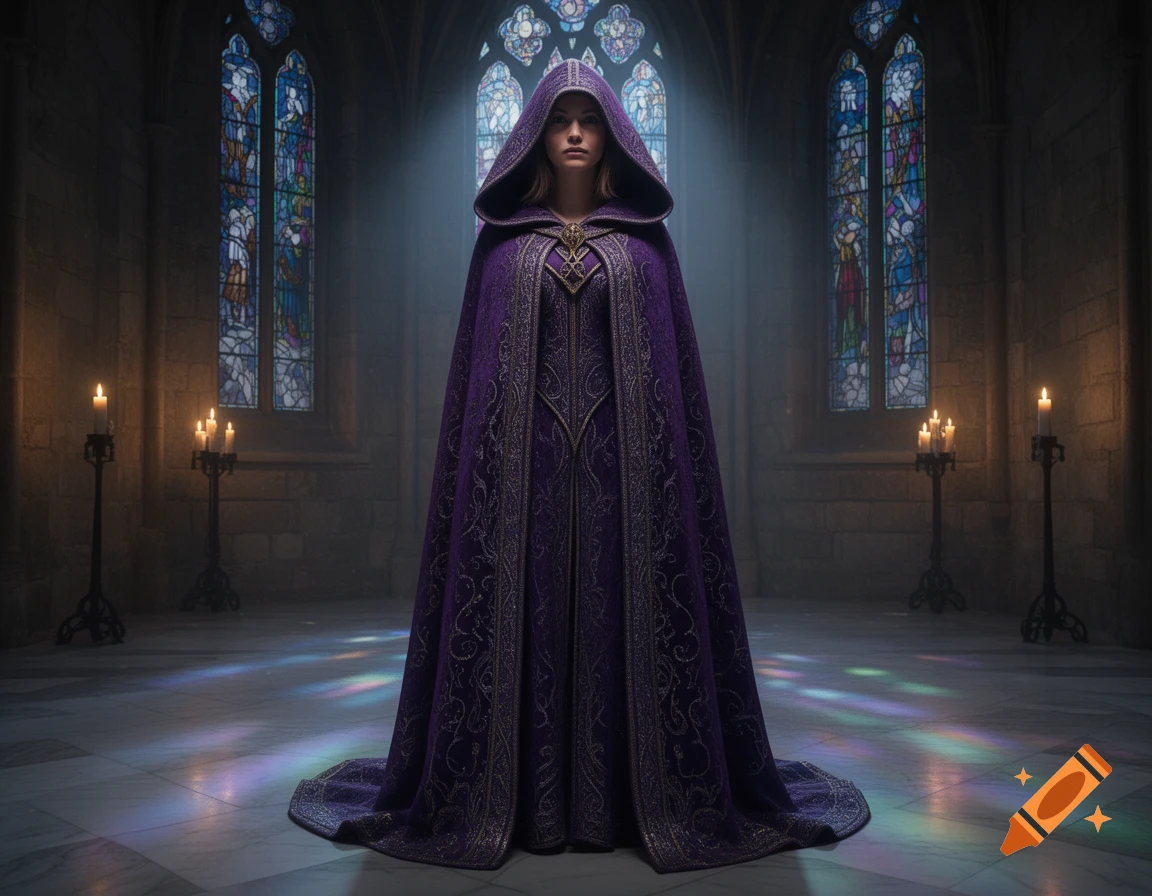 A woman in a dramatic purple hooded cloak stands in a grand gothic hall with stained glass windows and lit candles.