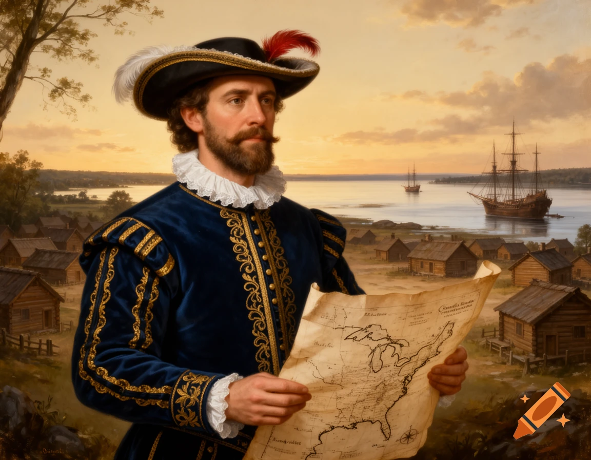 A man in 17th-century attire holding a map of North America, overlooking a settlement and ships at sunset, in a classical painting style.