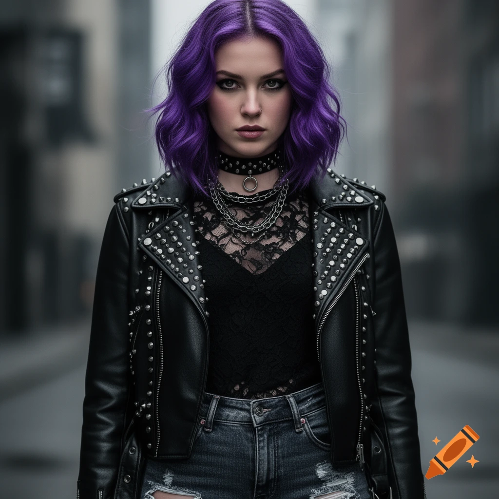 Photorealistic portrait of a young woman with purple hair, wearing a studded leather jacket, lace top, and distressed jeans, in an urban setting.