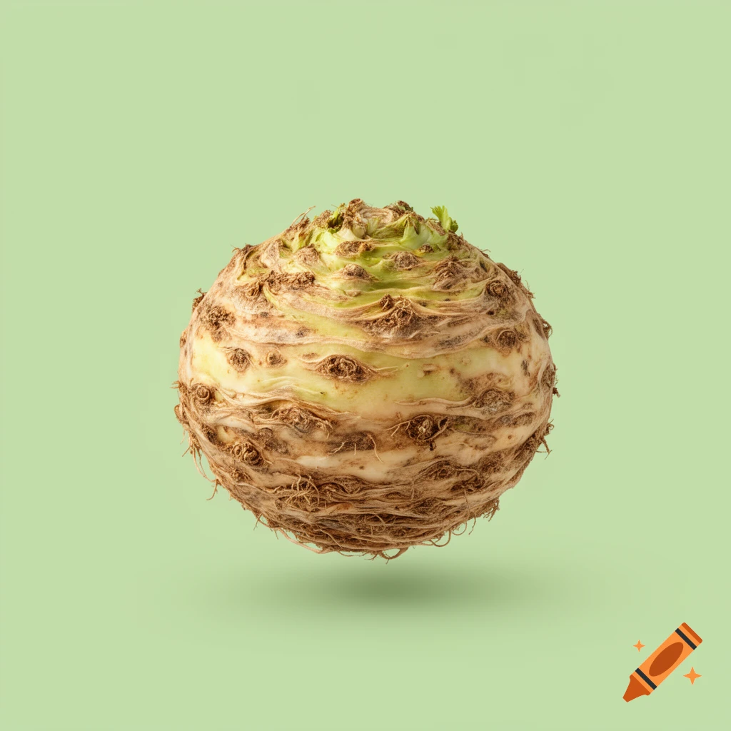 A whole celeriac with a textured root, floating slightly above a plain light green background.