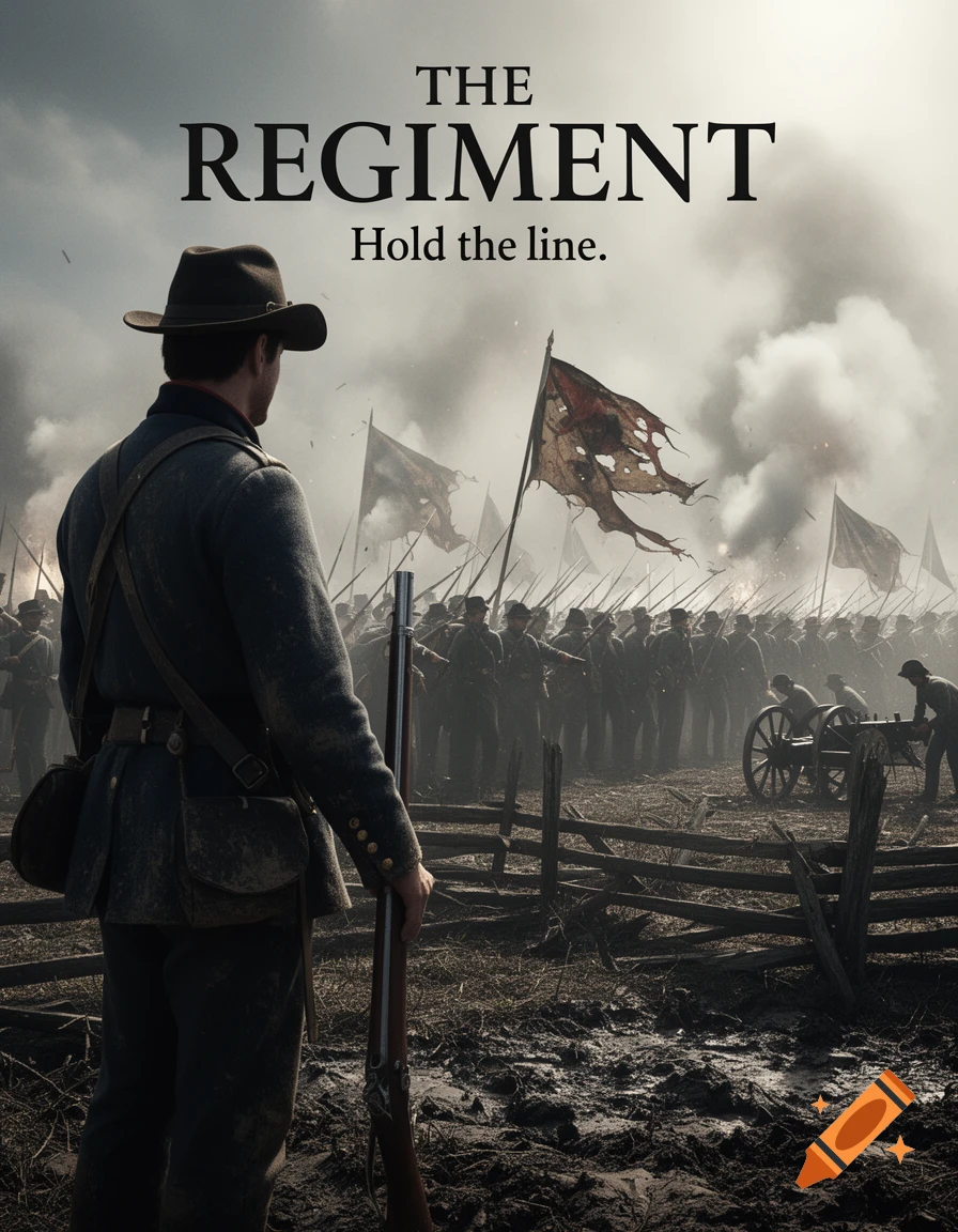 Photorealistic image: Civil War soldier from behind watches a smoky battlefield with regiments. Text: THE REGIMENT, Hold the line.