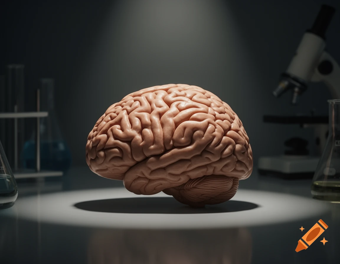 A detailed human brain model sits on a lab bench under a spotlight, with blurry laboratory equipment in the background. Photorealistic style.