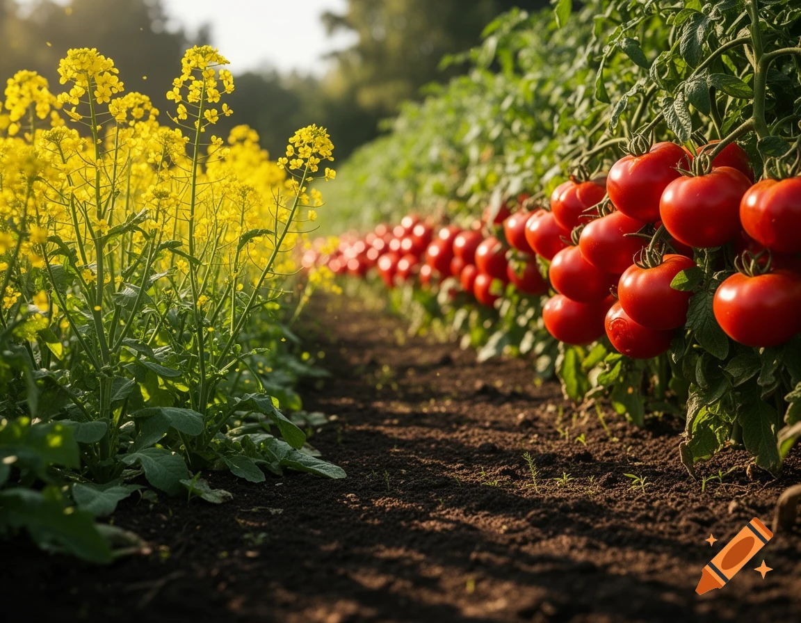 A sunny field with a row of yellow mustard flowers on the left and ripe red tomatoes on the vine on the right, separated by a dirt path.