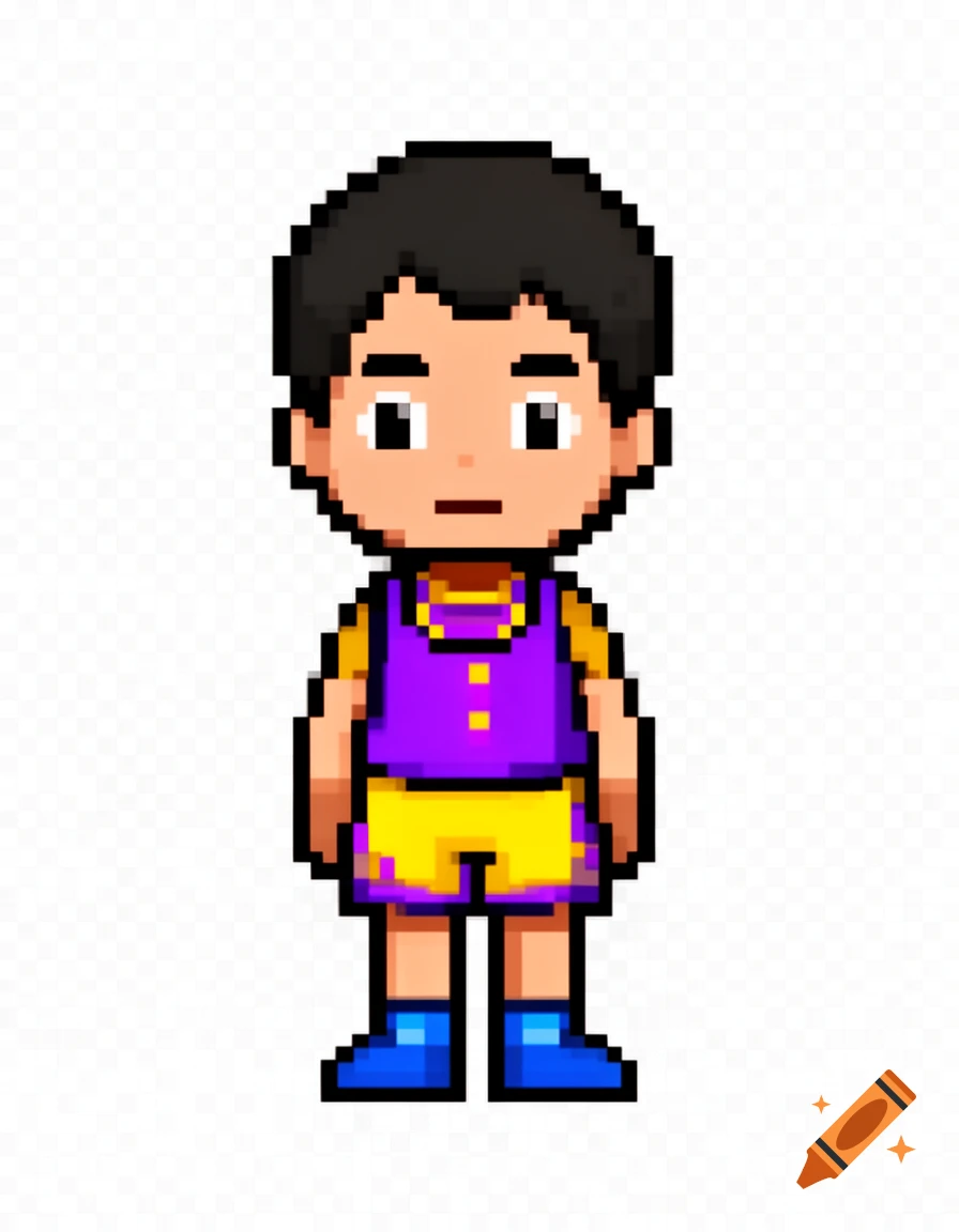 Pixel art 2D game character of a boy with dark hair, purple tank top, yellow shorts, and blue shoes, on a transparent background.