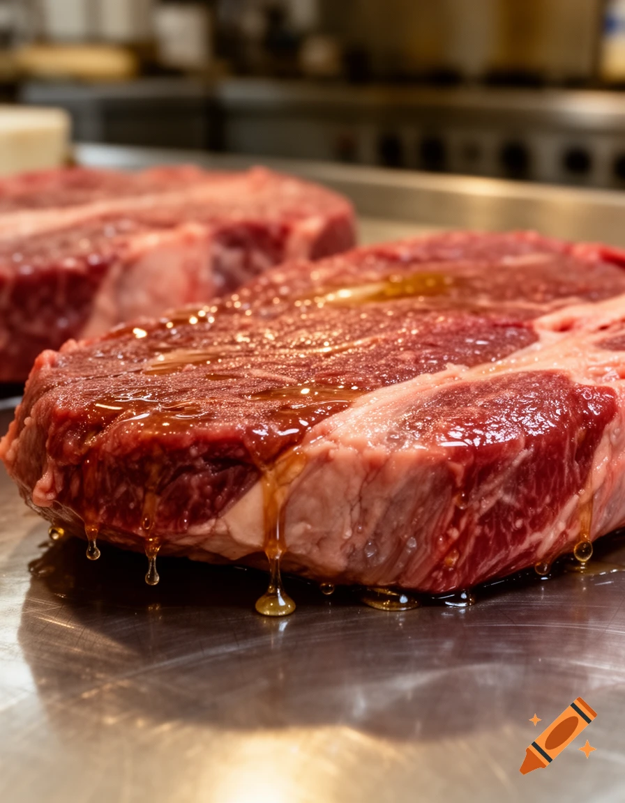 Close-up of two raw beef steaks with glistening liquid dripping onto a stainless steel surface in a kitchen.
