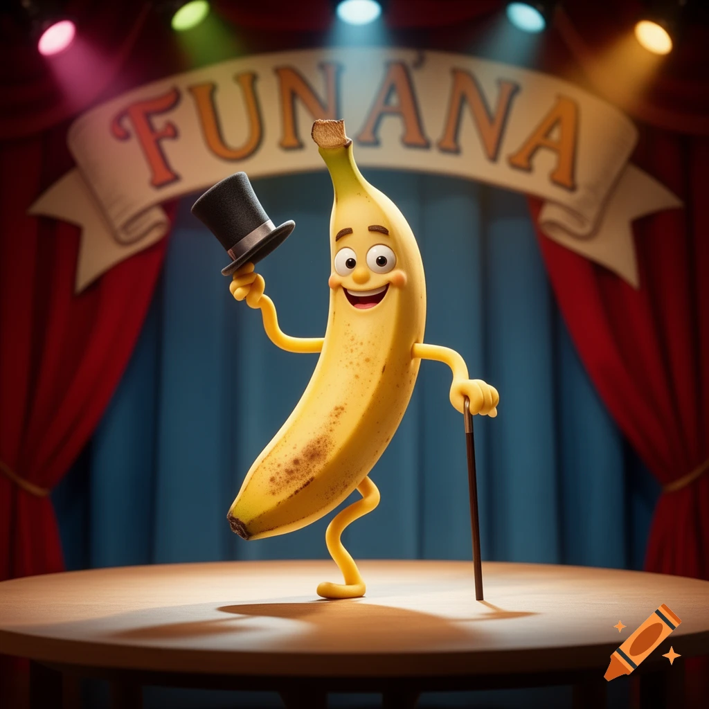 A cheerful cartoon banana character on stage, holding a top hat and cane, with a banner displaying 'FUNANA' in the background.